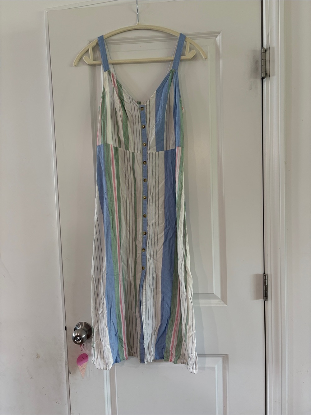 SO Striped Button-Front Midi Dress in Blue, Green, White & Pale Pink